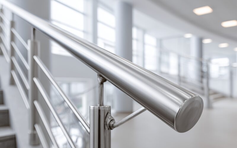 A sleek stainless steel handrail is prominently featured alongside a bright, well-lit staircase in a modern building, illustrating contemporary architectural design and functionality.
