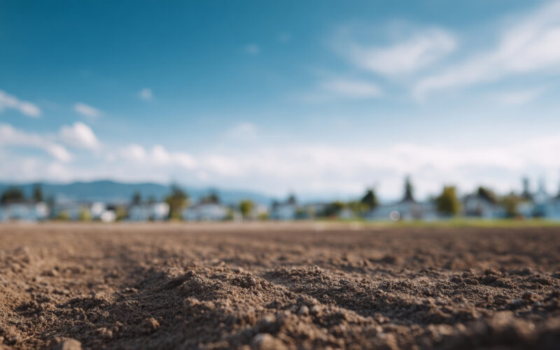 Close-up view of freshly plowed dark brown soil on farmland with a blurred background of houses and trees under a blue sky with clouds.